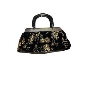 VTG Black Beaded Wooden Handle Purse Velvet/Corduroy w/ Metallic Gold Art Deco